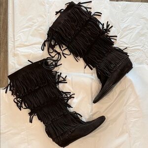 Fringed Knee-High Suede Boots - Brown